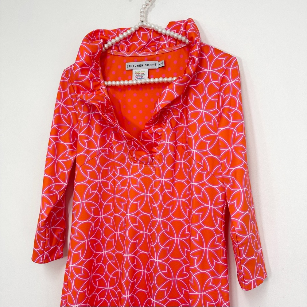 Gretchen Scott Jersey Ruffneck Dress in Geometric Floral Pink and Orange - Picture 4 of 7